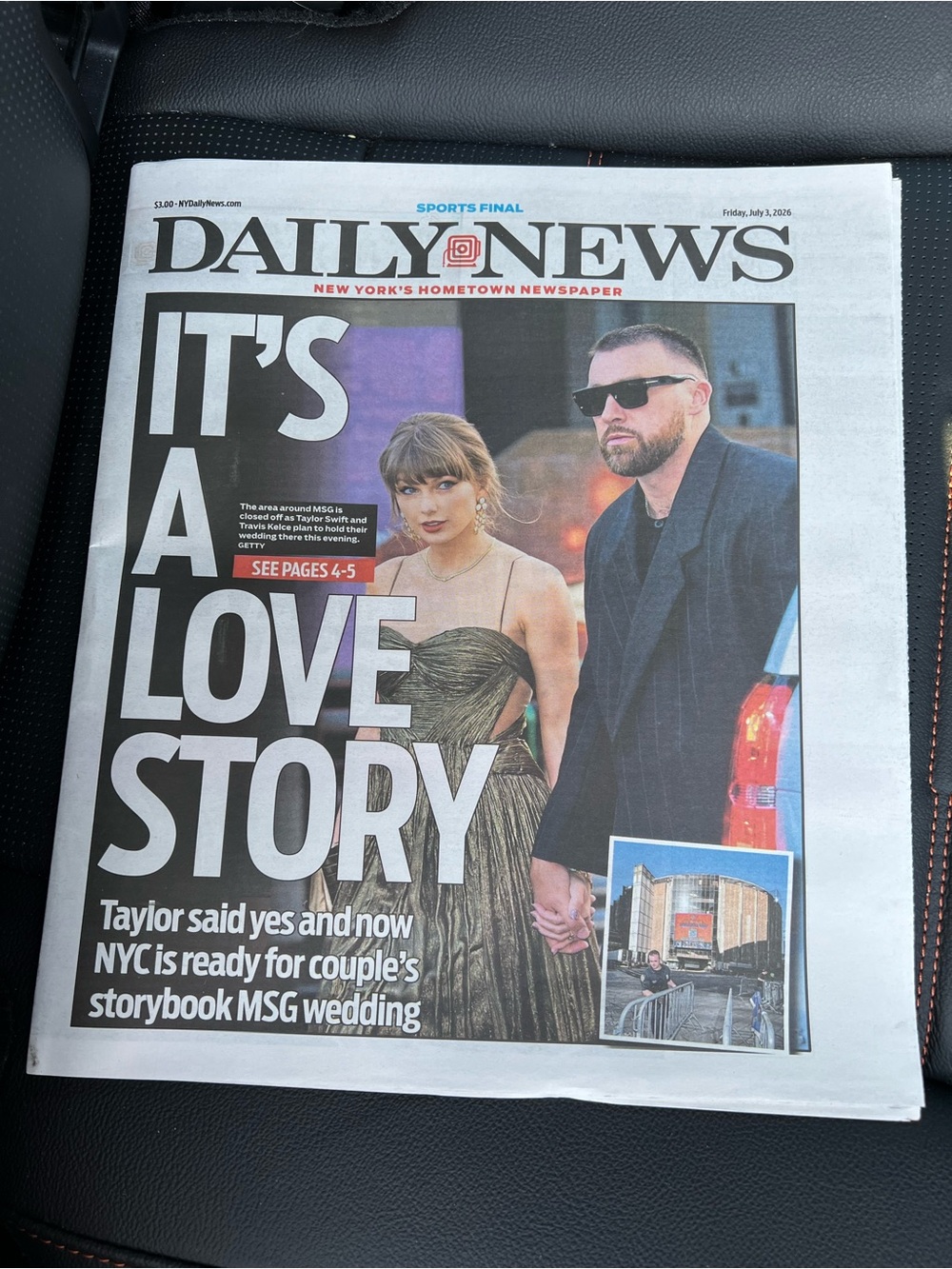Taylor Swift Travis Kelce - NYC MSG Wedding - Daily News newspaper July 3, 2026